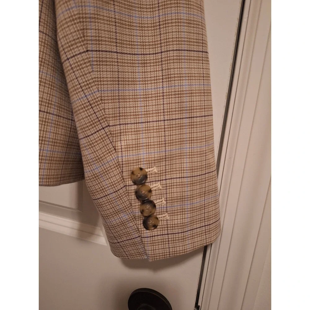 Ann Taylor Womens 16P Petite Plaid Blazer Tan Blue Single Button Workwear Jacket